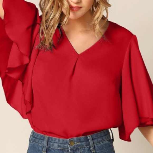 SHEIN Tops - Exaggerated Flutter Sleeve Solid Top